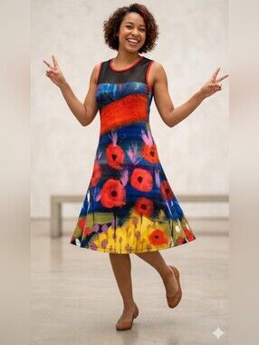 Dolcezza Simply Art Floral Sleeveless Dress / Sz S / Red, Dark Blue, Yellow